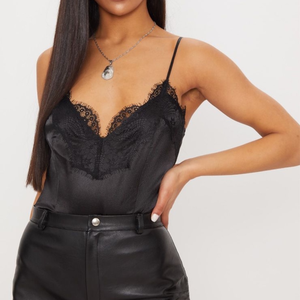 NWT Black Eyelash Lace Thong Bodysuit